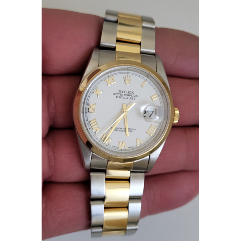 Rolex Datejust 36 mm 16203 Two Tone Stainless Steel &18k Gold Bracelet & bezel White Roman Dial